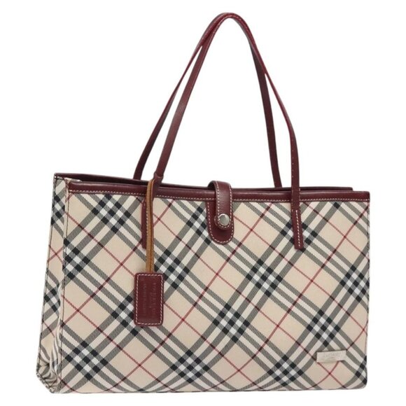 BURBERRY Nova Check Blue Label Tote Bag Nylon Beige Silver Auth 126337 - Picture 1 of 16